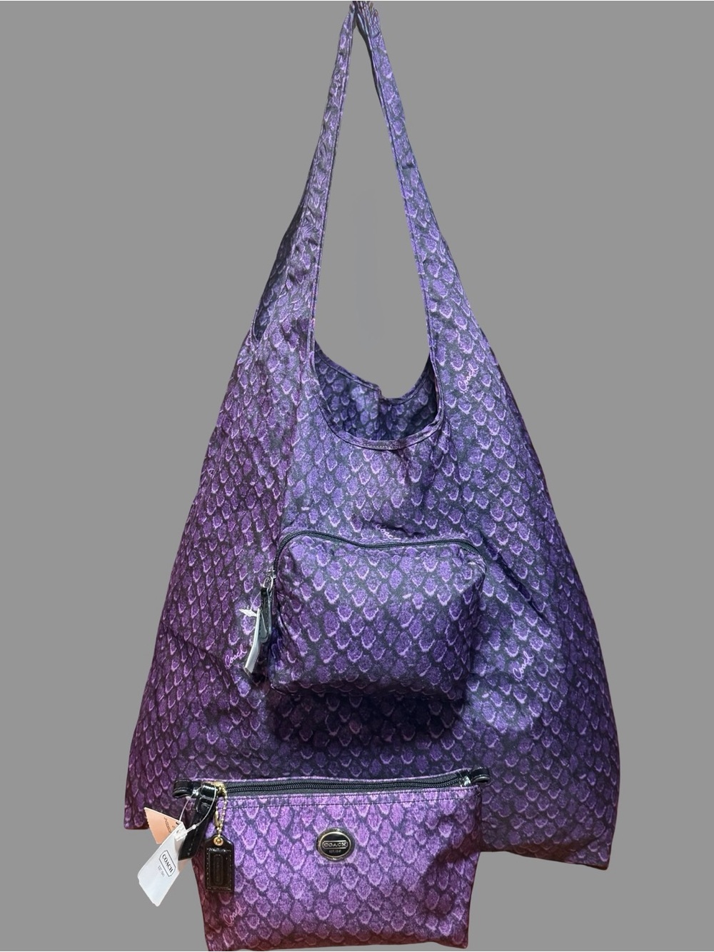 NWT Coach Getaway Packable Folding Tote & Matching Pouch Set – Purple Snakeskin
